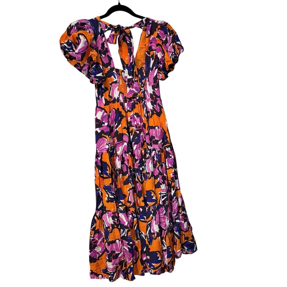 Anthropologie Orange Pink Floral Puff Sleeve Midi Dress Size XS - Picture 5 of 9